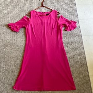 Hot pink, Tommy Hilfiger knee length exposed shoulder with ruffle at the elbow